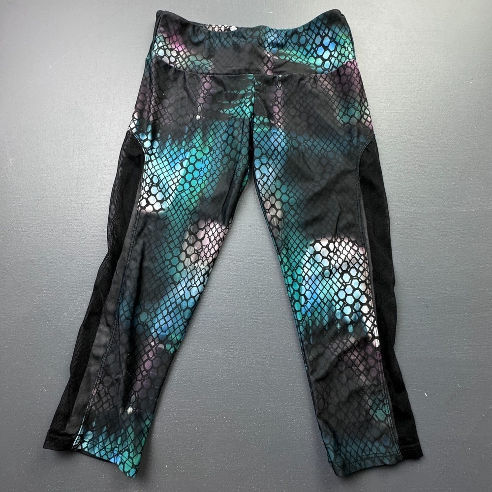 Onzie Women Size XS Blue Snake Print Mesh Panel Leggings Athletic Stretch Yoga